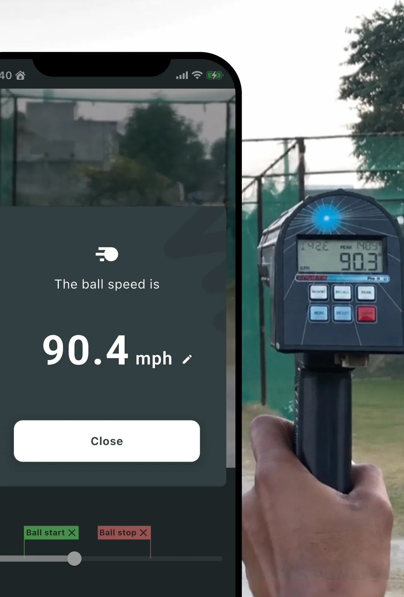 Baseball Speed app result of 90.4 mph next to a real radar speed gun showing 90.3